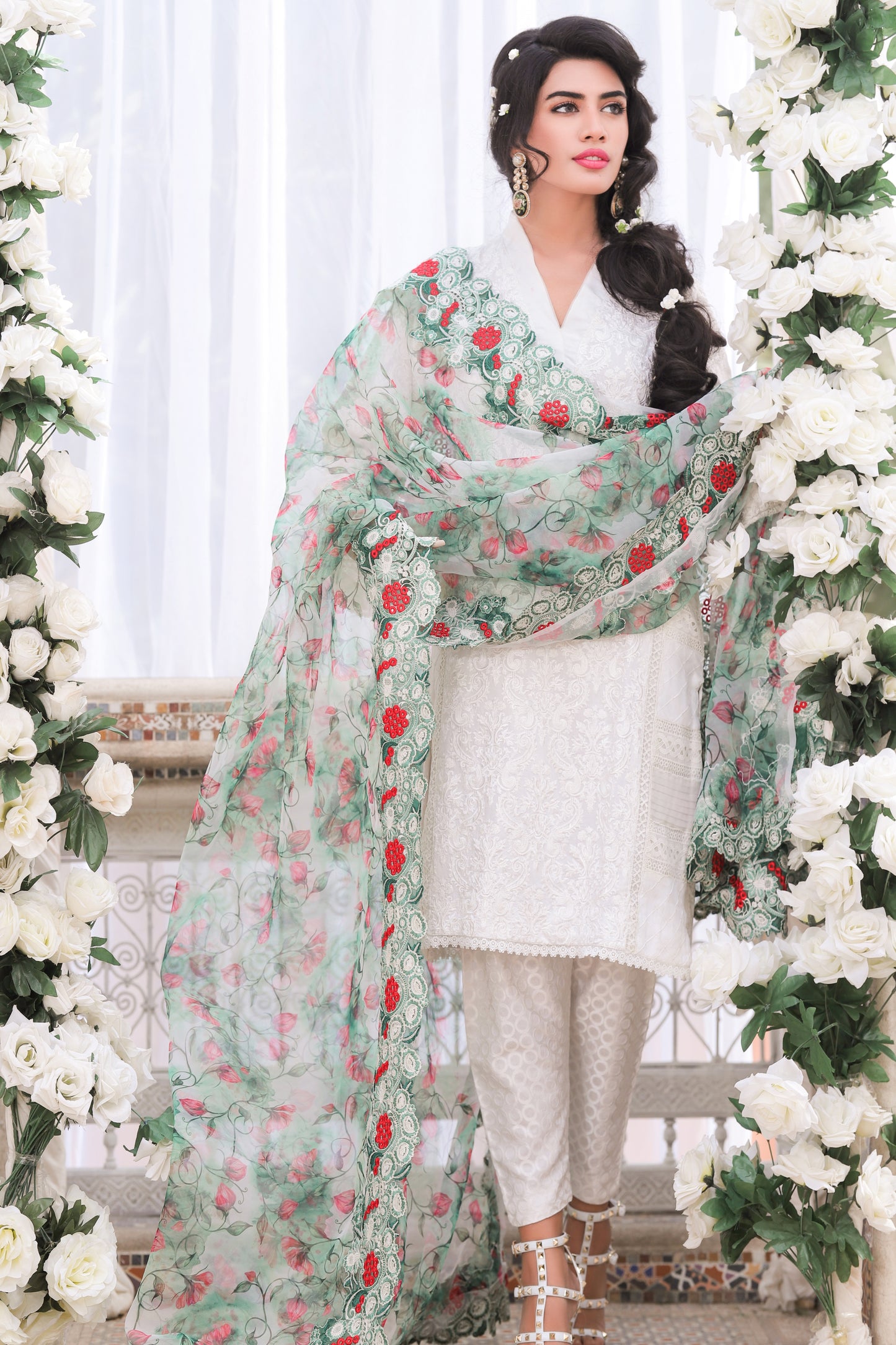 Printed Organza Dupatta with Embroidered  Border with Cut Work