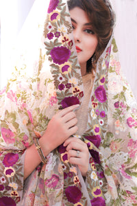 Printed Organza Dupatta with Double Embroidered Borders & Cut Work All Over