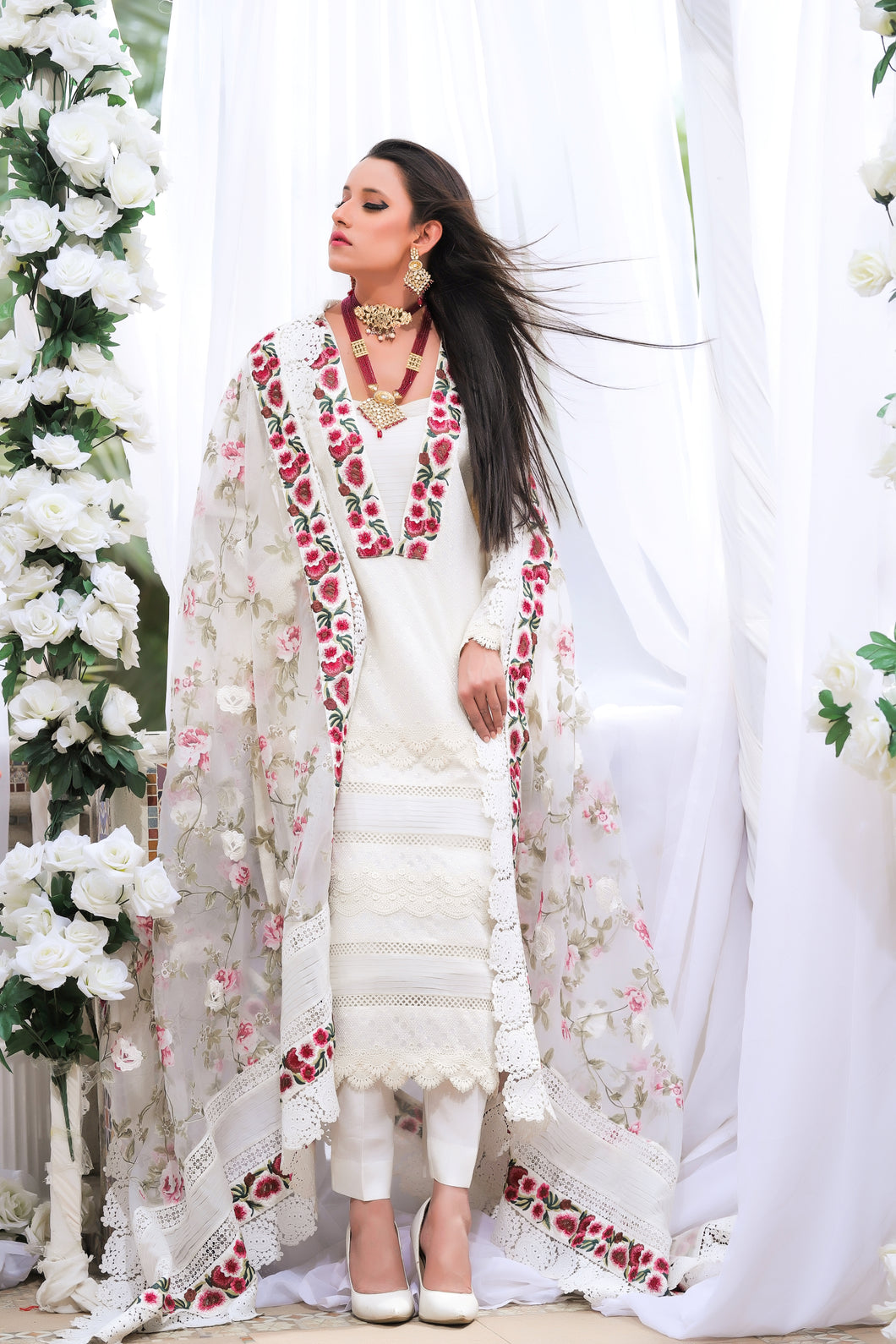 Printed Organza Dupatta with Cut Work All Over, Embroidered Border Pleets & Laces