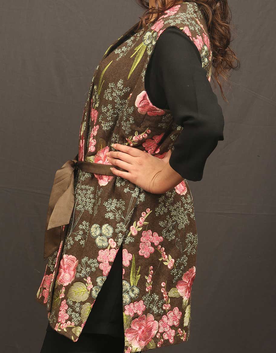 Brown Floral Fully Embroided Jacket