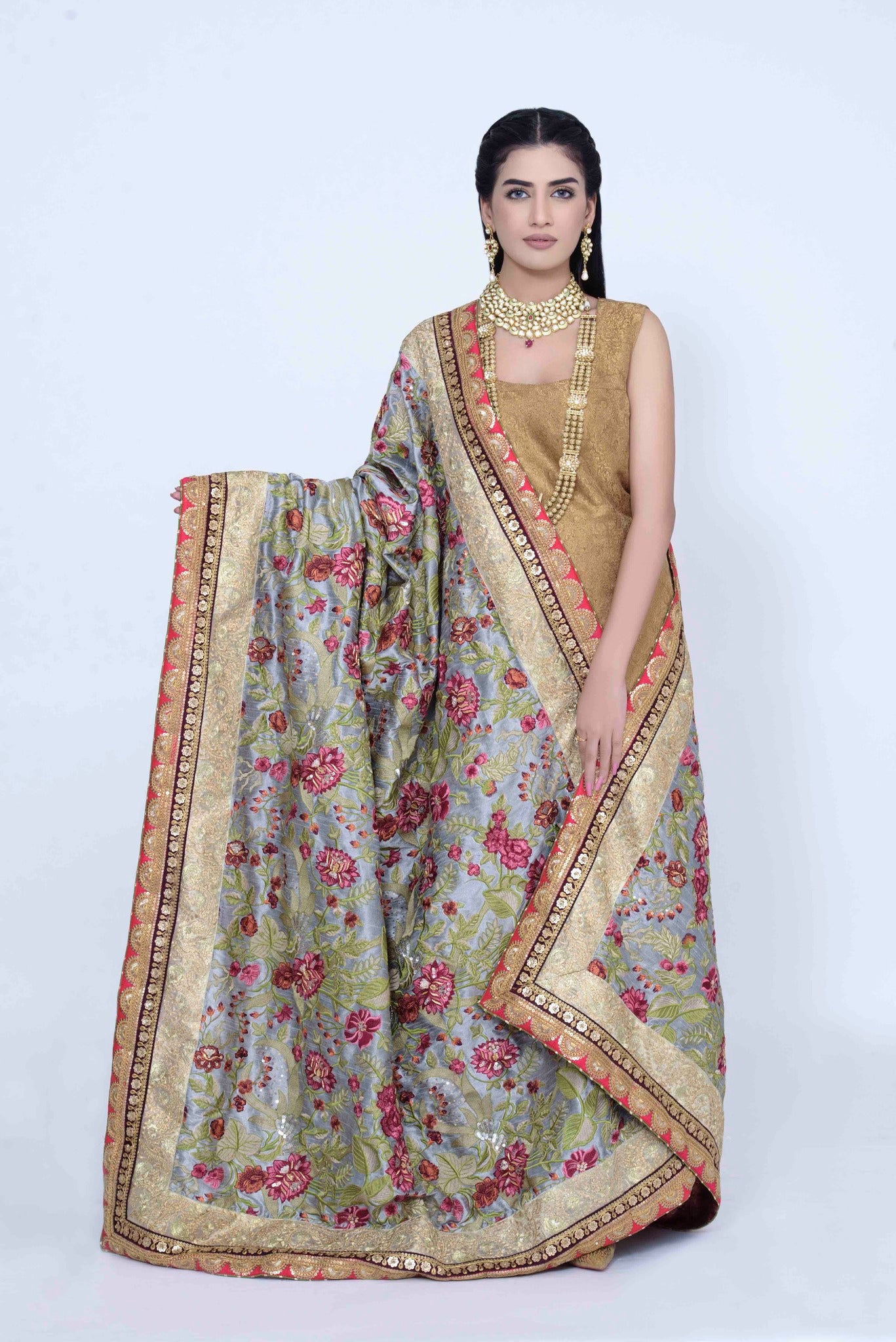 Gray Raw Silk Shawl with Floral Embroidary & Handwork