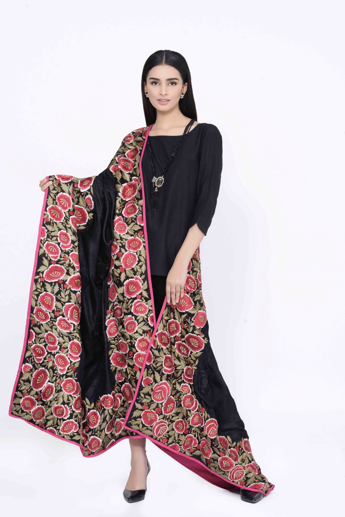 Black Shawl with Floral Border