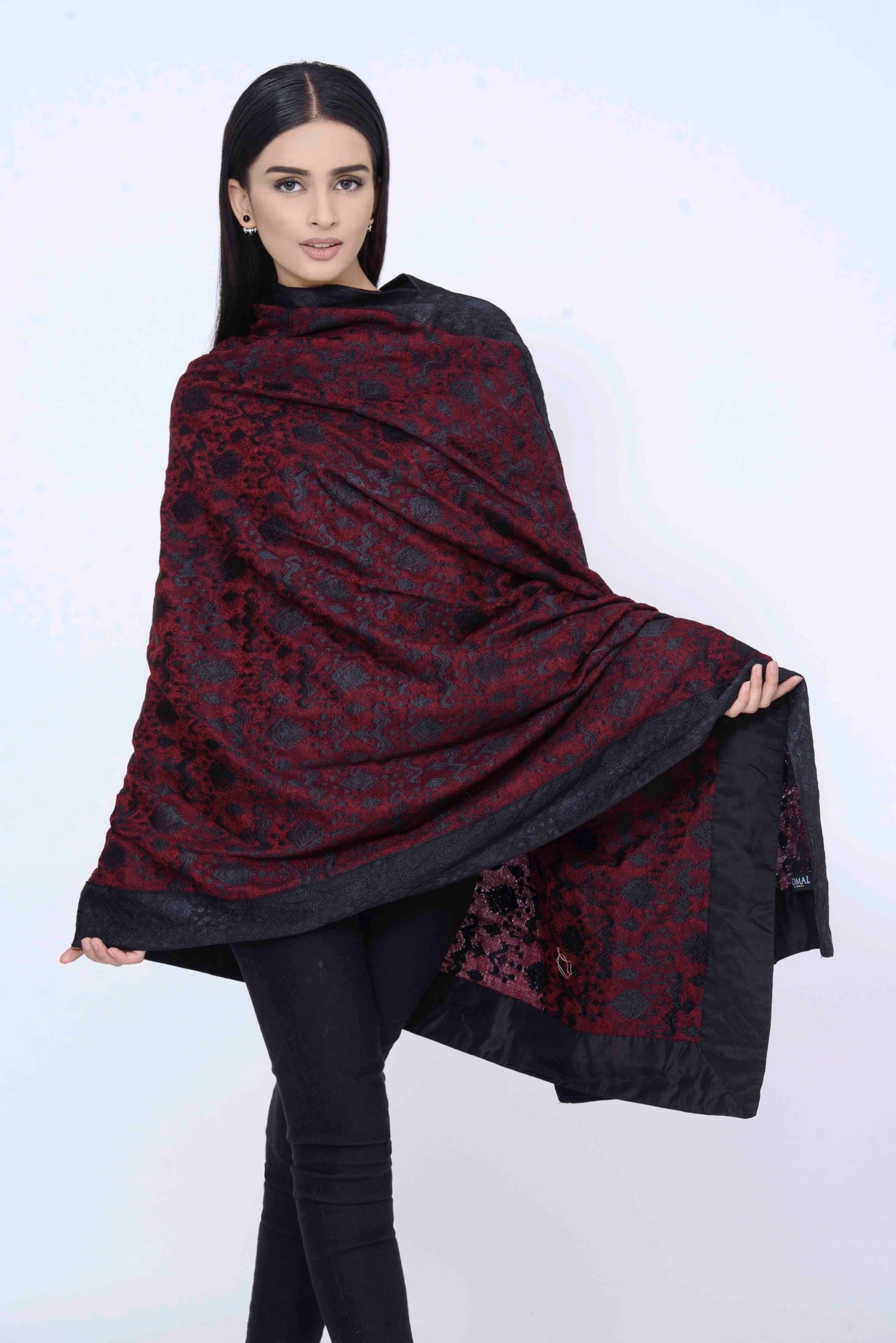 Maroon Pashmina Embroided Shawl with Black Embroided Borders