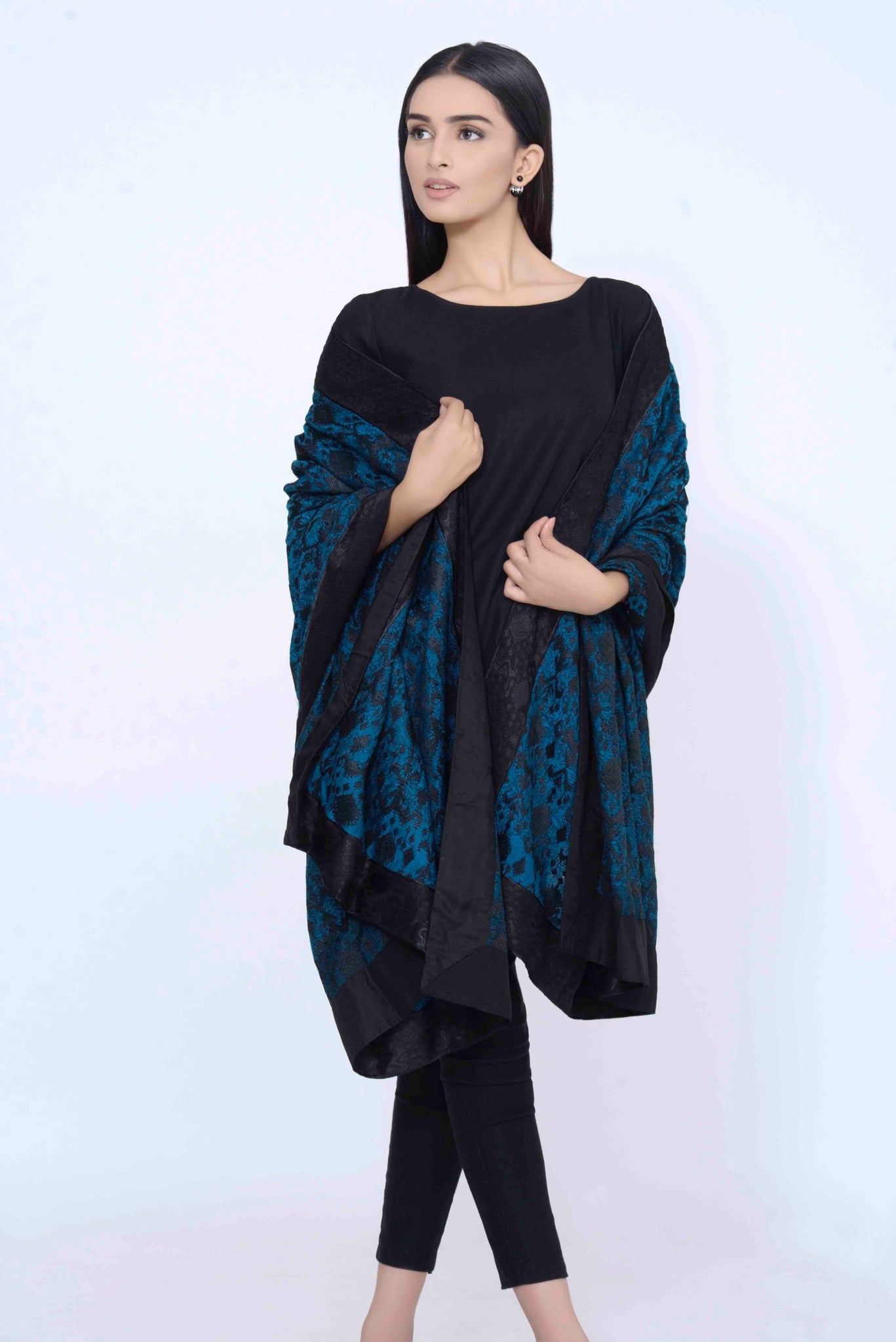 Turquoise Pashmina Embroided Shawl with Black Embroided Borders