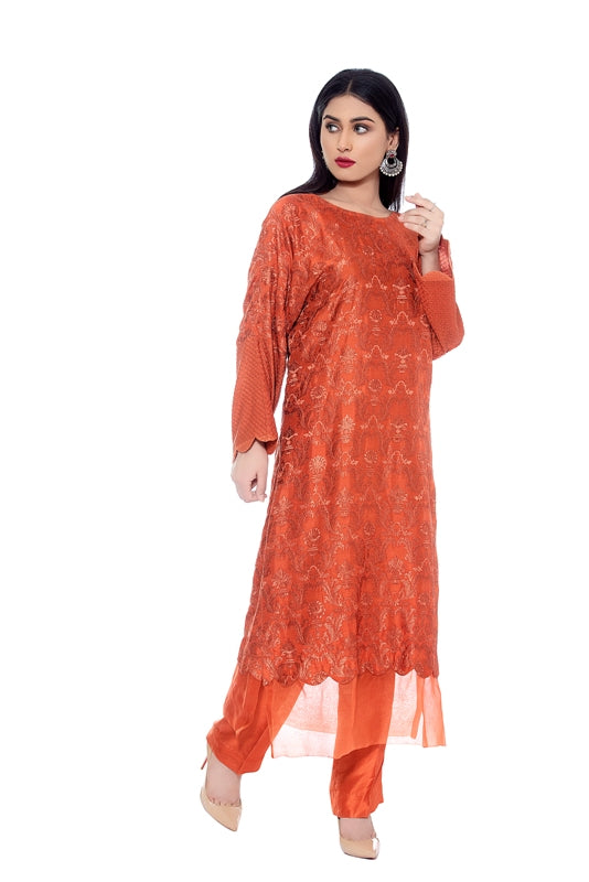 Fully Embroidered Silk Long Shirt with Organza Border, Fully Embroidered Silk Pants 2020