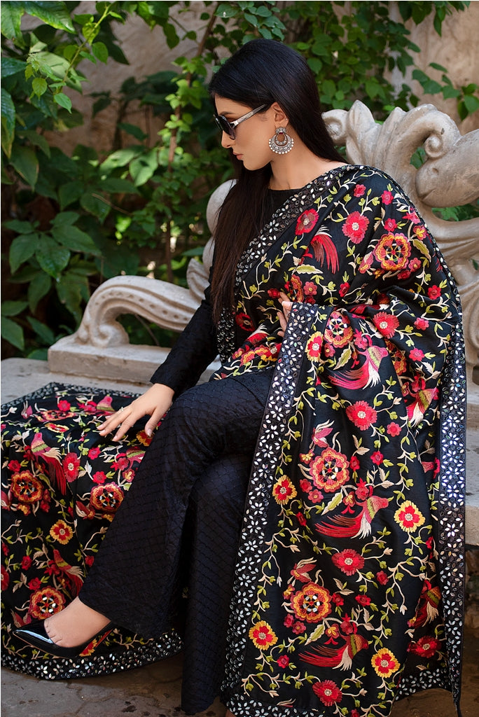 Fully Embroidered Raw Silk Black Shawl with Mirror Work 2020