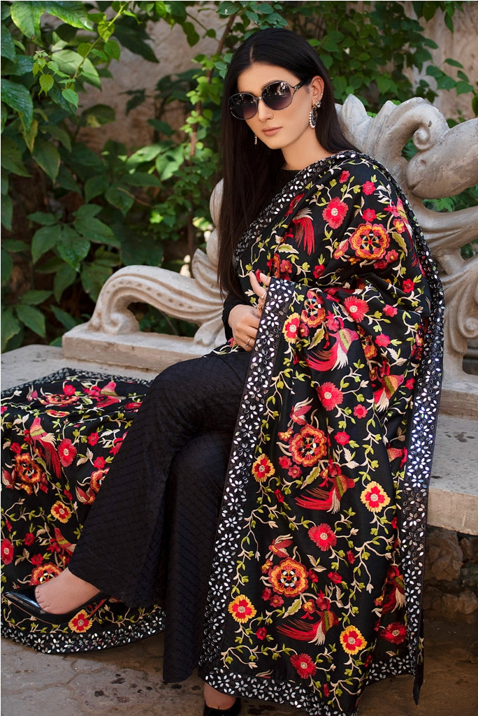 Fully Embroidered Raw Silk Black Shawl with Mirror Work 2020