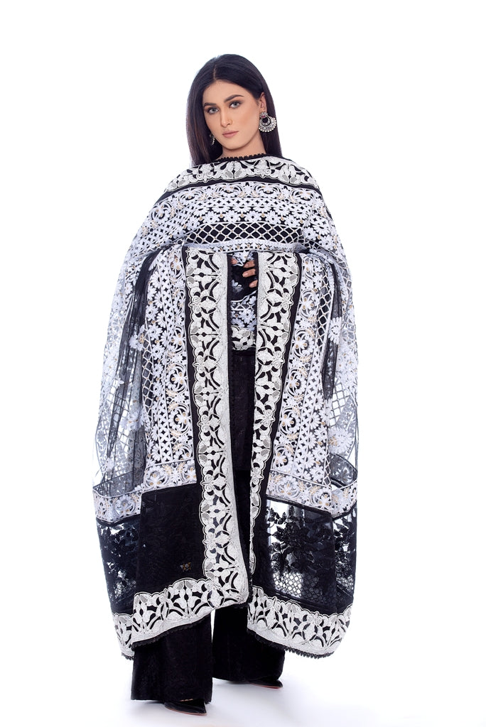 Black Net Dupatta with White Embroidary & White Sequins work 2020