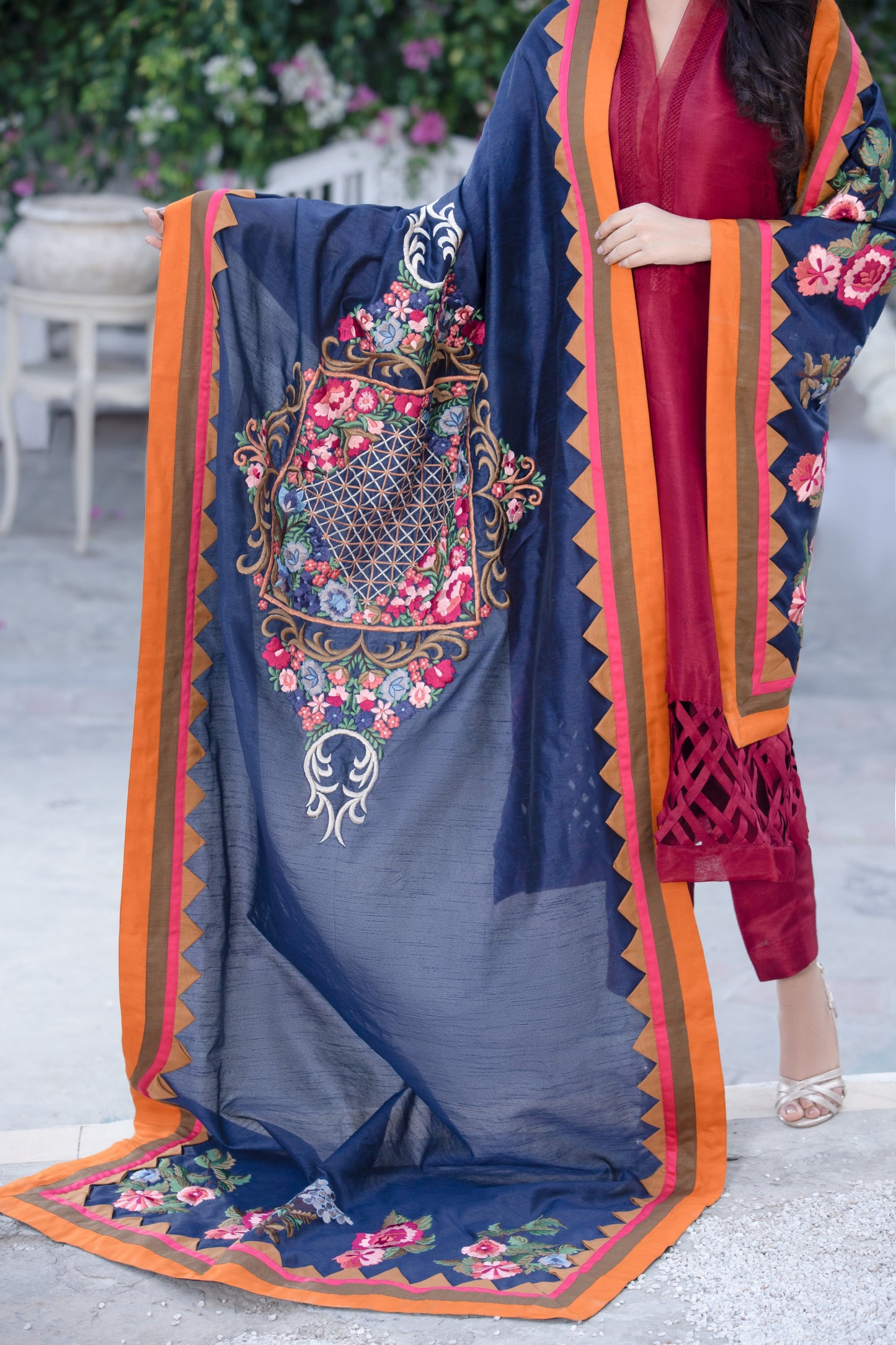 Raw Silk Shawl with Single Needle Embroidery & Suit