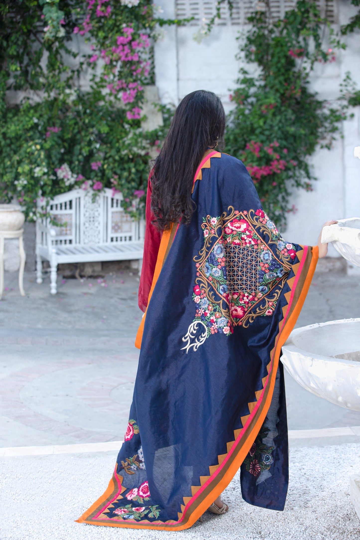 Raw Silk Shawl with Single Needle Embroidery & Suit