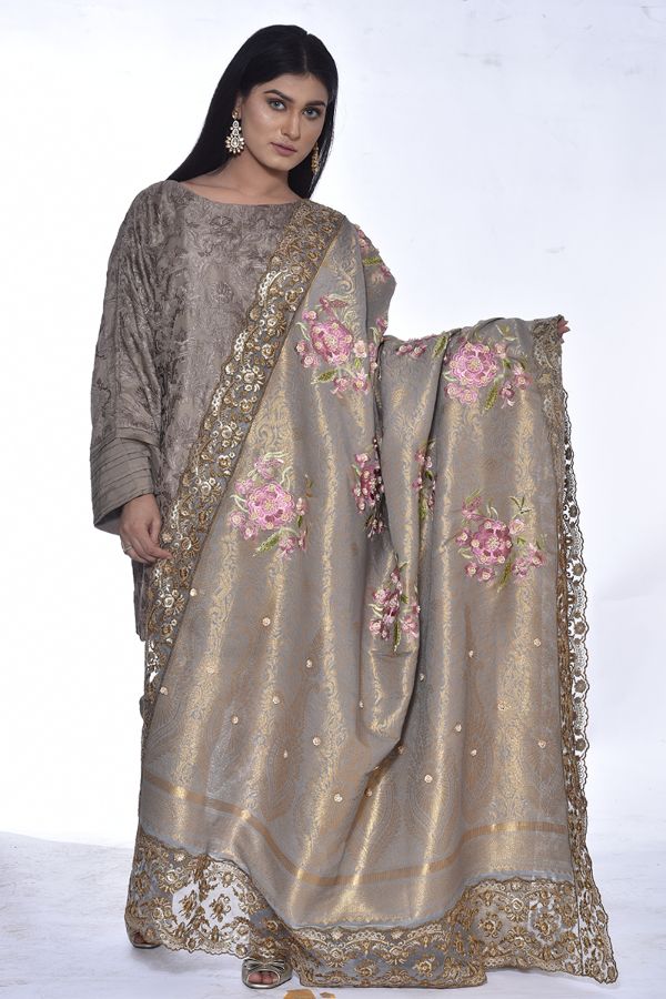 Picture of Silk Zari Shawl with Floral Embroidary and Gotta and Tilla Hand Work