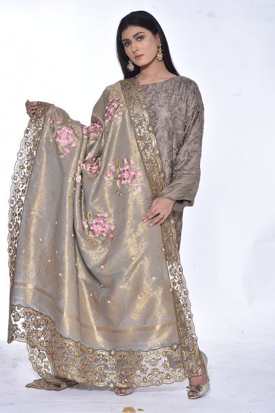 Picture of Silk Zari Shawl with Floral Embroidary and Gotta and Tilla Hand Work