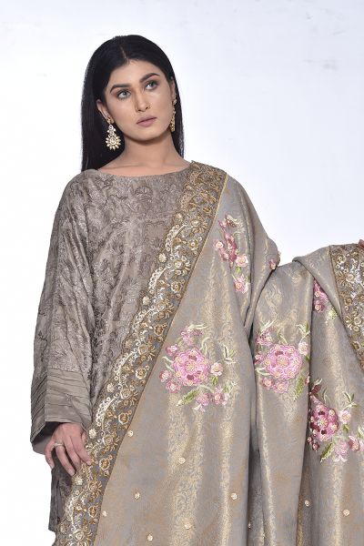 Picture of Silk Zari Shawl with Floral Embroidary and Gotta and Tilla Hand Work