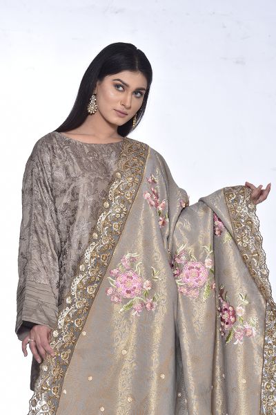 Picture of Silk Zari Shawl with Floral Embroidary and Gotta and Tilla Hand Work