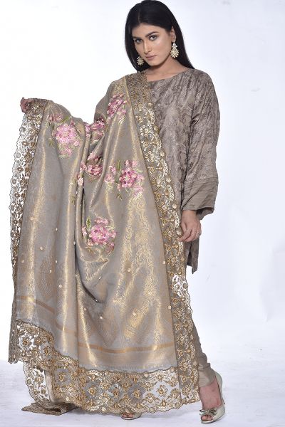 Picture of Silk Zari Shawl with Floral Embroidary and Gotta and Tilla Hand Work