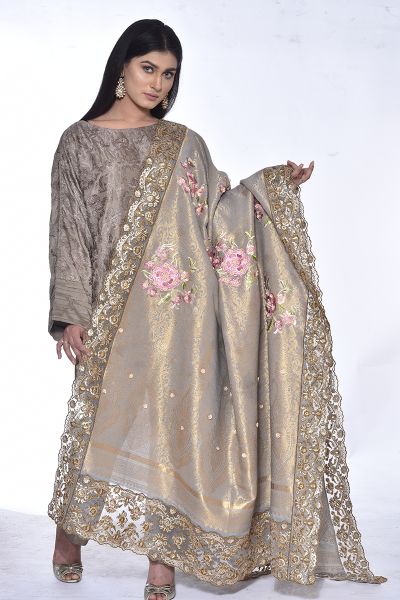 Picture of Silk Zari Shawl with Floral Embroidary and Gotta and Tilla Hand Work