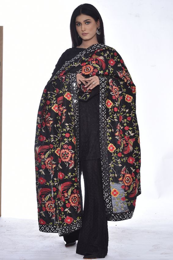 Fully Embroidered Raw Silk Black Shawl with Mirror Work