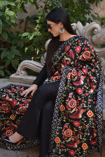 Picture of Fully Embroidered Raw Silk Black Shawl with Mirror Work