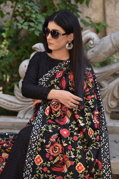 Picture of Fully Embroidered Raw Silk Black Shawl with Mirror Work