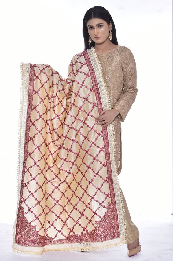 Fully Embroidered Raw Silk Shawl