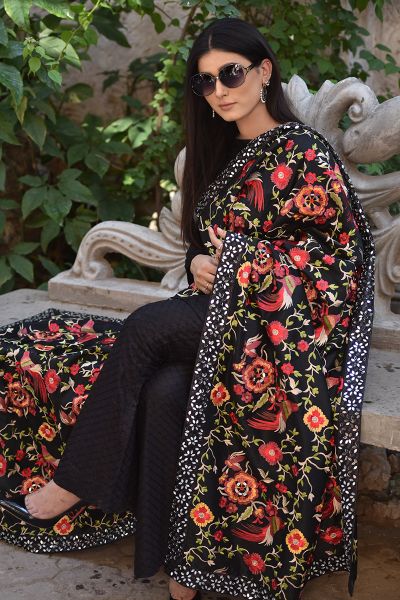 Picture of Fully Embroidered Raw Silk Black Shawl with Mirror Work