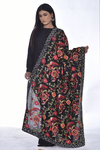 Picture of Fully Embroidered Raw Silk Black Shawl with Mirror Work