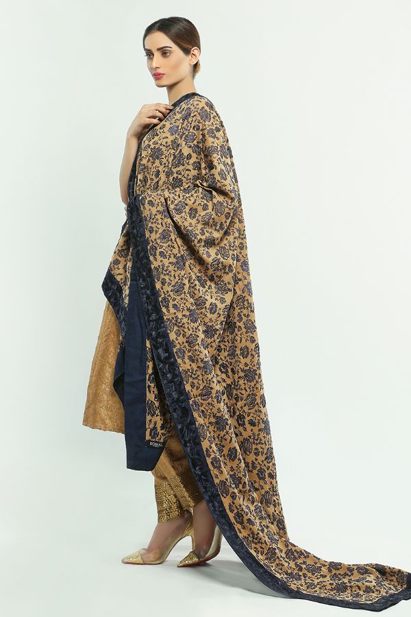 Picture of Beige pashmina fully embroidered shawl with navy blue borderbroided Shawl with Navy Blue Embroided Border